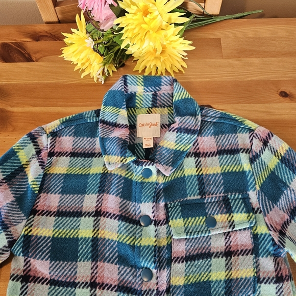 Cat & Jack - Girls' Plaid Button-Front Long Sleeve Shacket - Teal Blue Plaid - Picture 6 of 13
